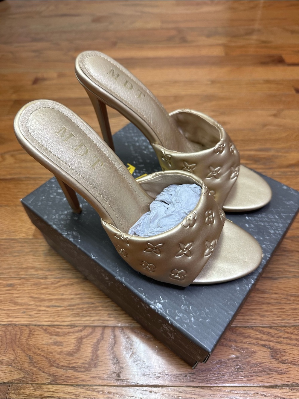 Gold Embossed High Heel Slide Sandals